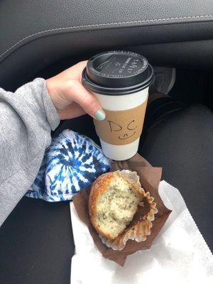 Dirty Chi with oat milk and a blueberry muffin