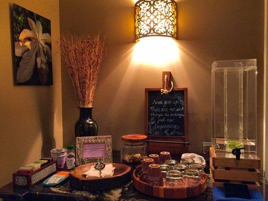 A wonderful mix of delicious teas and refreshing cucumber water in the waiting area.