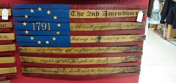 2nd amendment flag made from bourbon barrel staves. Available row 1, booth 1969