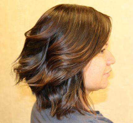 Long Bob, brown base color, highlights & style by Angela Smith at Fullglamsalon.com