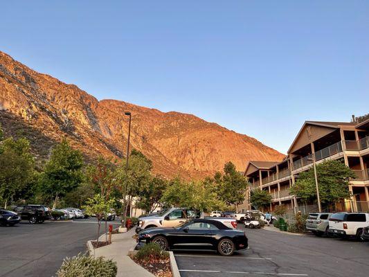 View from a parking lot during sunset at Yosemite View Lodge