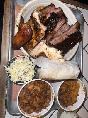 3 Meat Sampler w: ribs, brisket, & 1/4 white chicken, burnt end baked beans, sweet potato casserole, cole slaw, & cornbread