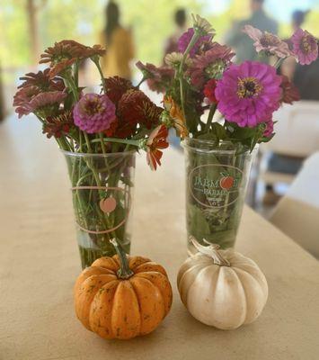 zinnias and mini pumpkins