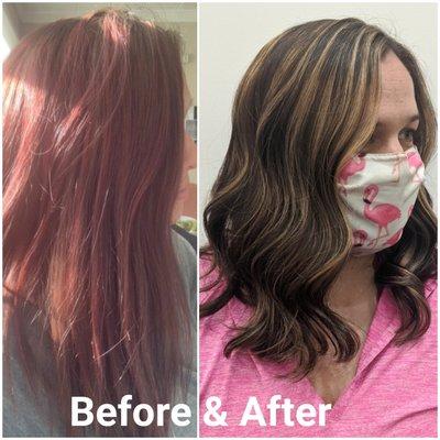 Color Correction Transformation grown out red to Beautiful Bronde Balayage with Face Framing Babylights. Book a Complimentary Consultation.