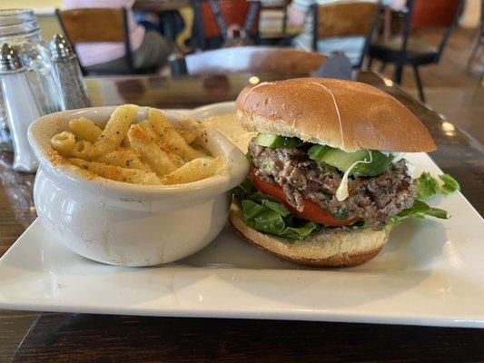 3 cheese lamb burger with mac and cheese.