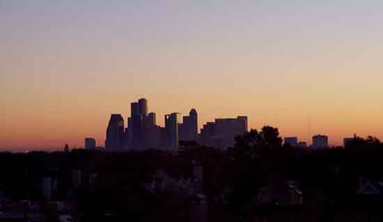 A view of the Houston skyline at sunrise from our office.