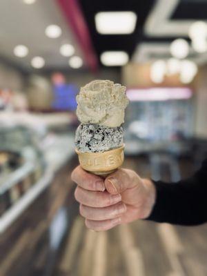 Mint Chocolate Chip and vanilla kid's scoops on cake cone.