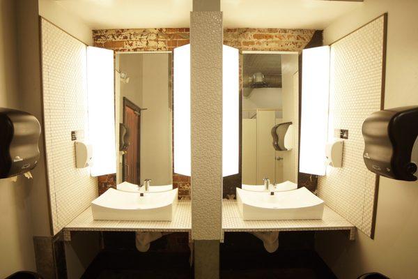 Studio lighting for the ladies room. Double vanities with 7 full length mirrors.