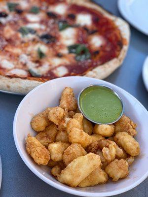 Cheese curds & a margarita pizza. Both great!