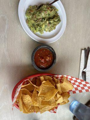 Nachos, salsa and guacamole.