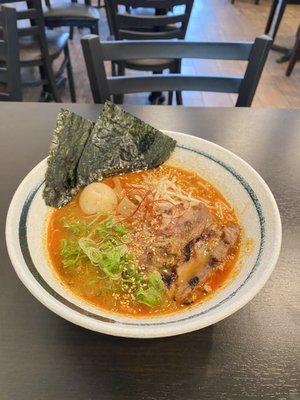 Spicy miso ramen with pork bone broth and house made bbq pork so yummy~~