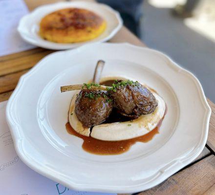 Cypriot Lamb Chops encased in ground lamb + caul fat w/ hummus, lamb jus, chives ($35)