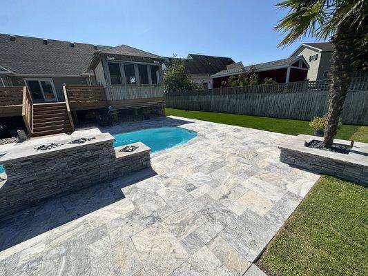 Renovation of backyard. New artificial turf, pool patio, waterfall, sod and irrigation renovation.