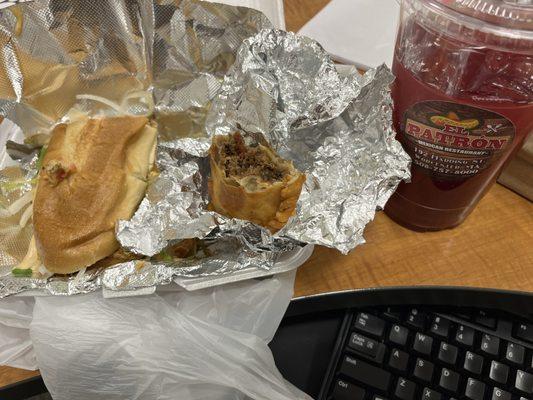 Torta de Pollo, Beef Empanada, and Jamaica