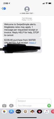 Text receipt for service