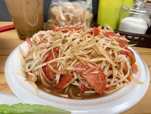 Papaya salad with noodles.