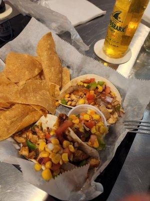 Whiskey peach chicken tacos and Buffalo chicken Flatbread