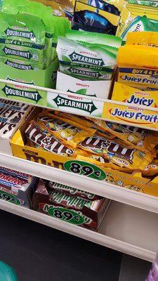 Regular size candy bars are 89 cents.