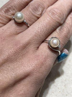 Akoya pearls on 14ktw size 6 rings with Daimond