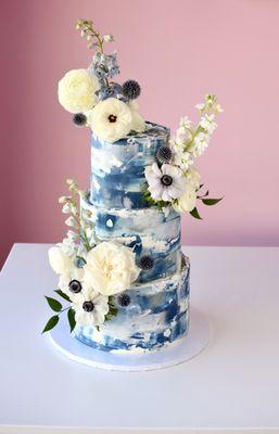 Blue & White Painted Buttercream Wedding Cake