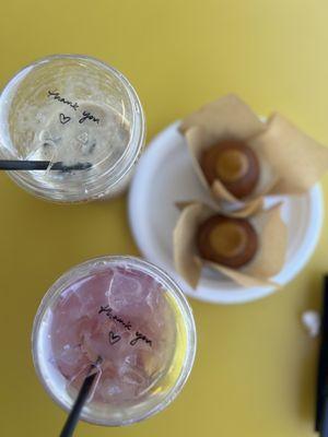 Fresh squeezed pink lemonade and shaken espresso with cute little thank you message