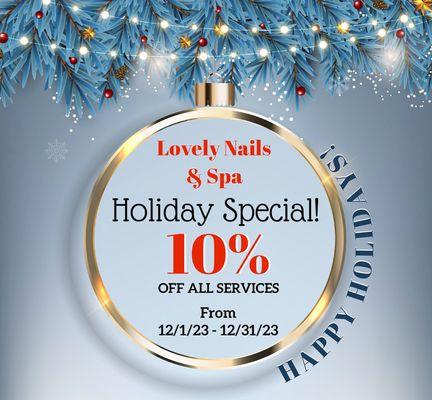 Happy Holidays! 

We invite you to come in and get 10% off ALL SERVICES!