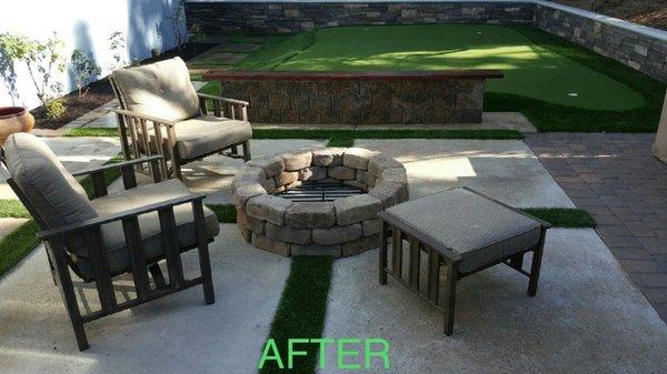 Before was a blank and boring. Adding a Wall/Bench, putting green, fireplace now gives an outdoor living experience.