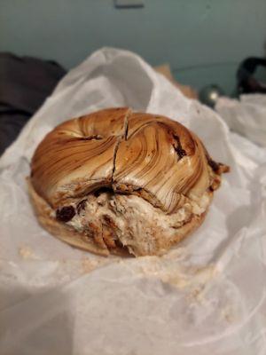 Cinnamon raisin bagel, with cinnamon cream cheese