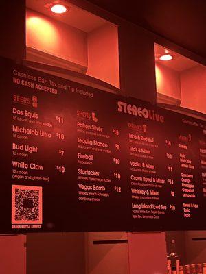 Bar menu and prices