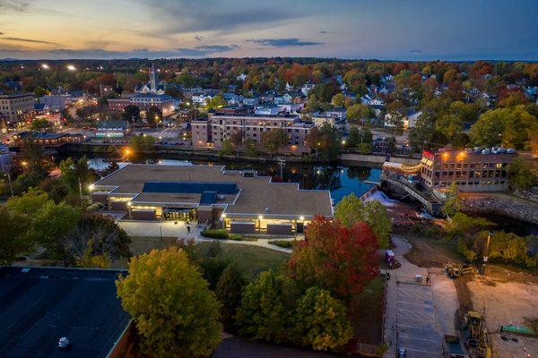 Drone photo of the library at dusk by Seth Dewey