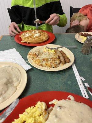 Waffle with hash browns and sausage