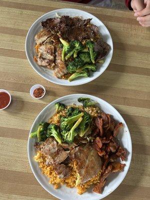 (top)  chicken and beef combo plate  (bottom)  chicken and pork combo plate