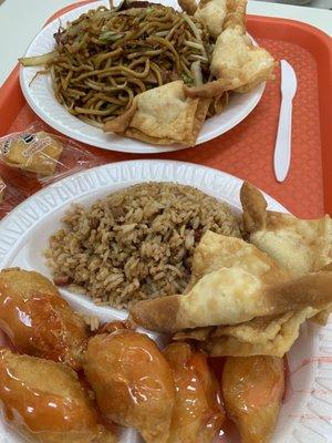 Crab rangoon, sweet and sour chicken, fried rice, pork lo ming.