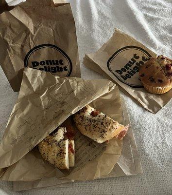 Bacon everything bagel, and cranberry walnut muffin.