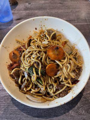 Lo Mein noodles with beef, veggies and Mongolian sauce.