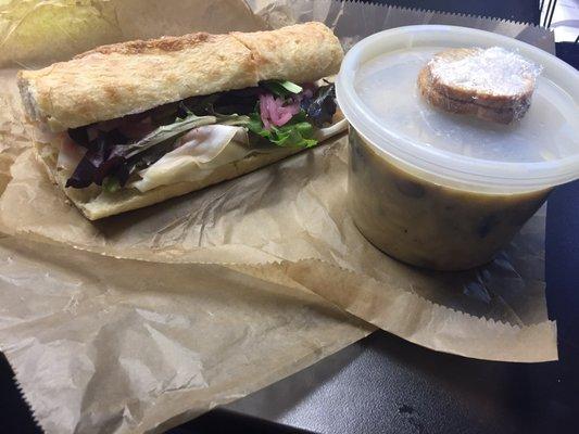 Soup/sandwich of the day Italian porchetta provolone and homemade pickled red onion mushroom orzo soup.