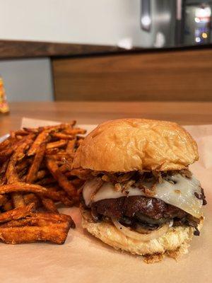 Mushroom burger with sweet potatoes fries!