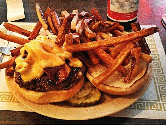 1/2 pound Bacon Cheeseburger cooked to order sesrved with fresh handcut fries or homemade chips is a huge favorite.