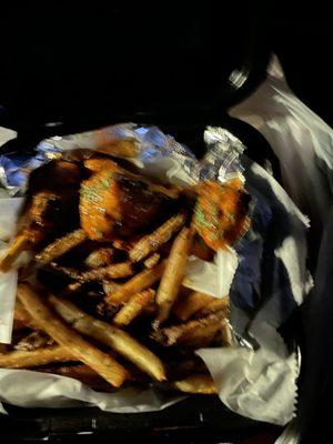 Soy chicken wings and fries