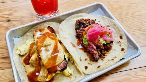 Pork belly breakfast taco and chopped brisket taco.