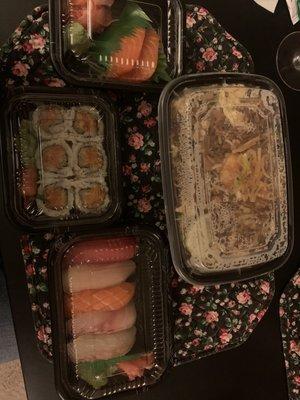 House combination pad thai, salmon sashimi, spicy salmon roll, sushi sampler