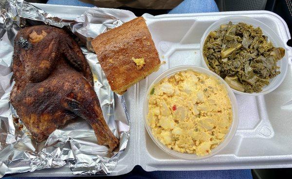 Half Chicken Platter with Kale & Collard Greens, Potato Salad and Cornbread