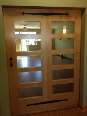 A view of the Studio through the sliding Barn Door. Cork Floors ready for you to join us.