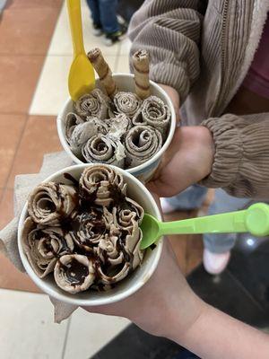 Vanilla Ice Cream with oreo and pirouette chocolate sticks (top) Chocolate Ice Cream with cheesecake and chocolate drizzle (bottom)