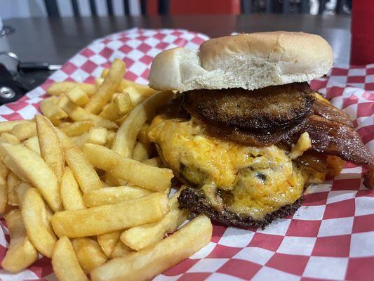 Peggy Sue burger fried green tomatoes and palmetto cheese.