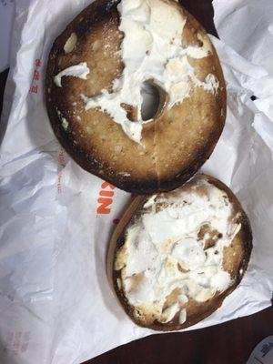 This is what you get for 2.99. A burnt bagel and barley any cream cheese! 3rd day in a row.