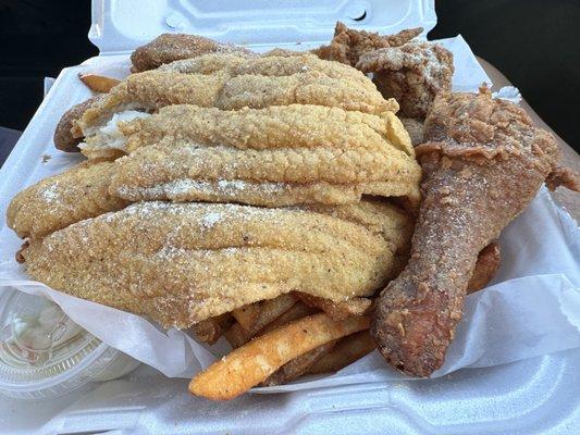 Lemon peppered catfish & chicken , seasoned fries & mini slaw