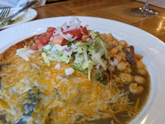 Chicken enchiladas (Christmas-style with red and green chili sauce)