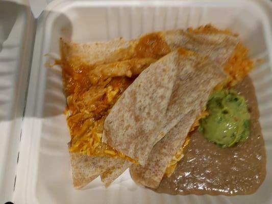 vegan BBQ chicken quesadilla(onions,wheat tortilla),guacamole,mexican rice,refried beans