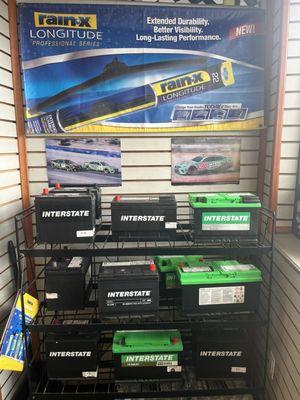 Interstate batteries and Rain X wiper blades sold and installed here.